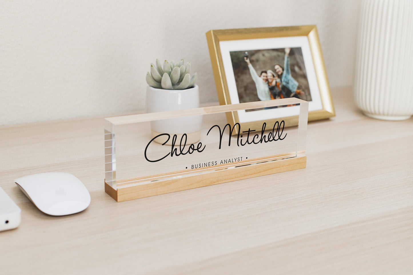 Personalized Acrylic Name Block (D10) - w/ Optional Wooden Base, Cursive Creative Executive Desk CEO Sign, Job Office Decor Promotion Gift