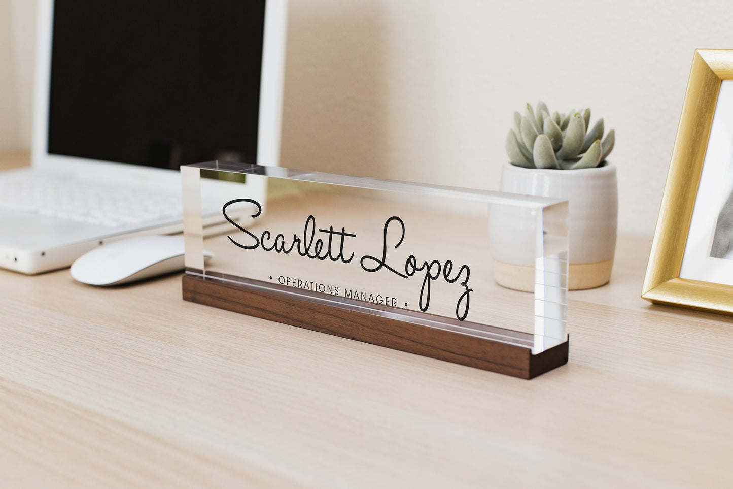 Personalized Acrylic Name Block (D10) - w/ Optional Wooden Base, Cursive Creative Executive Desk CEO Sign, Job Office Decor Promotion Gift