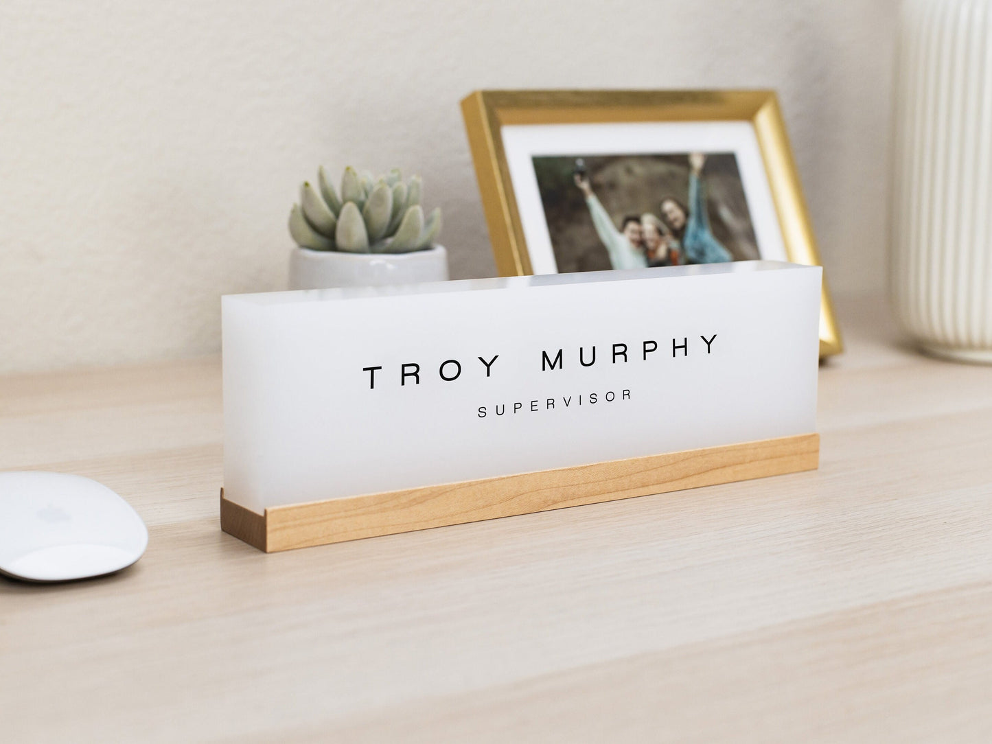 Personalized Acrylic Name Block (D3) - w/ Optional Wooden Base, Minimal Executive Desk CEO Sign, Job Office Decor, Teacher or Promotion Gift