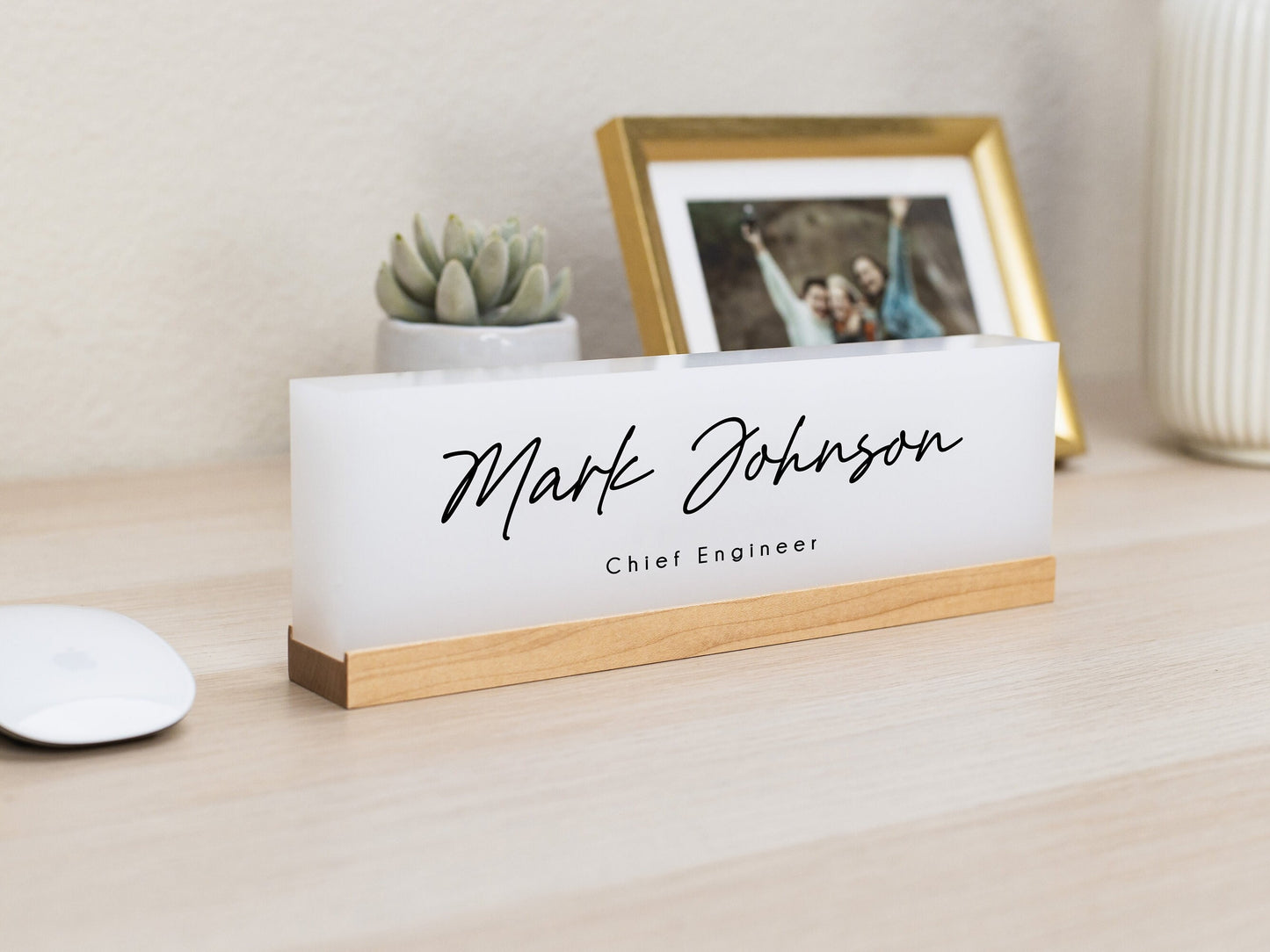 Personalized Acrylic Name Block (D5) - w/ Optional Wooden Base, Minimal Executive Desk Table CEO Sign, Job Office Decor, Graduation Gift