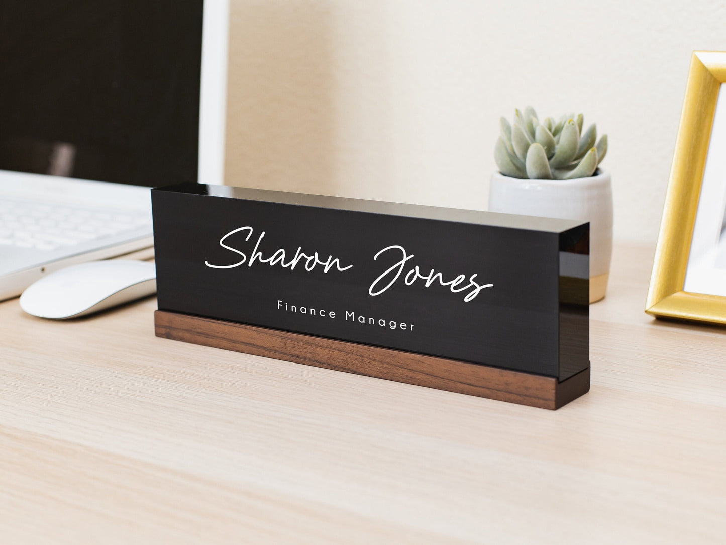 Personalized Acrylic Name Block (D5) - w/ Optional Wooden Base, Minimal Executive Desk Table CEO Sign, Job Office Decor, Graduation Gift