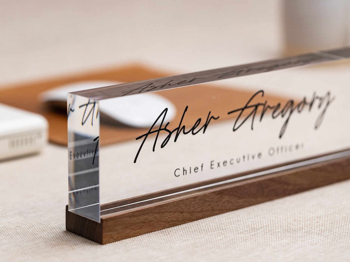 Personalized Acrylic Name Block (D5) - w/ Optional Wooden Base, Minimal Executive Desk Table CEO Sign, Job Office Decor, Graduation Gift