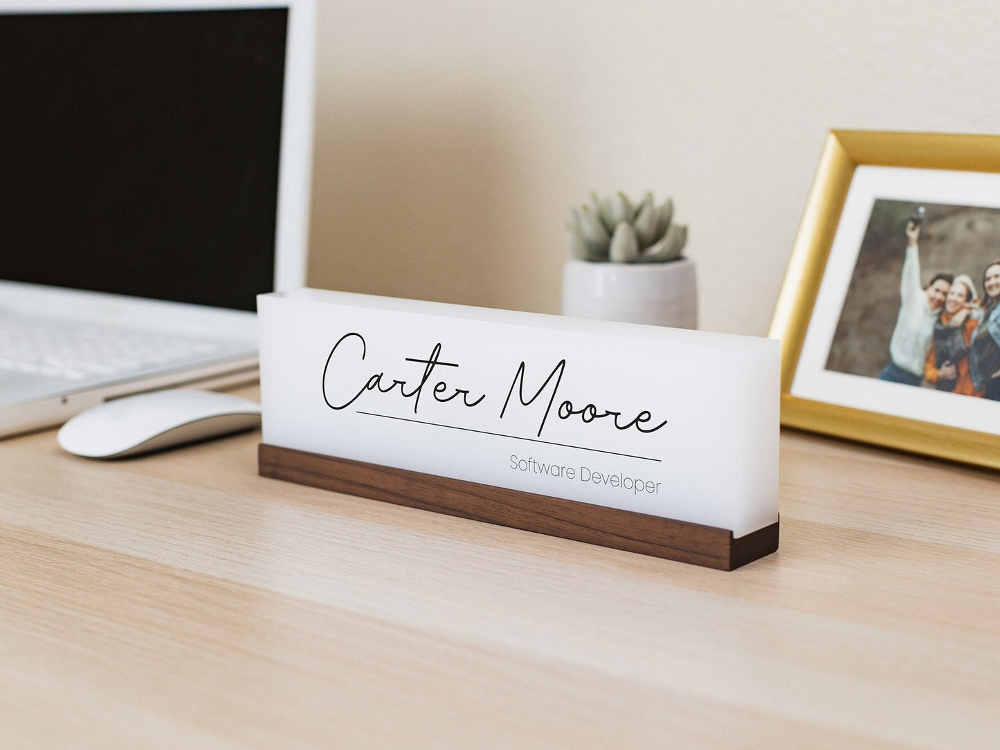 Personalized Acrylic Name Block (D6) - w/ Optional Wooden Base, Executive Desk CEO Sign, Job Office Decor Principal Promotion Gift