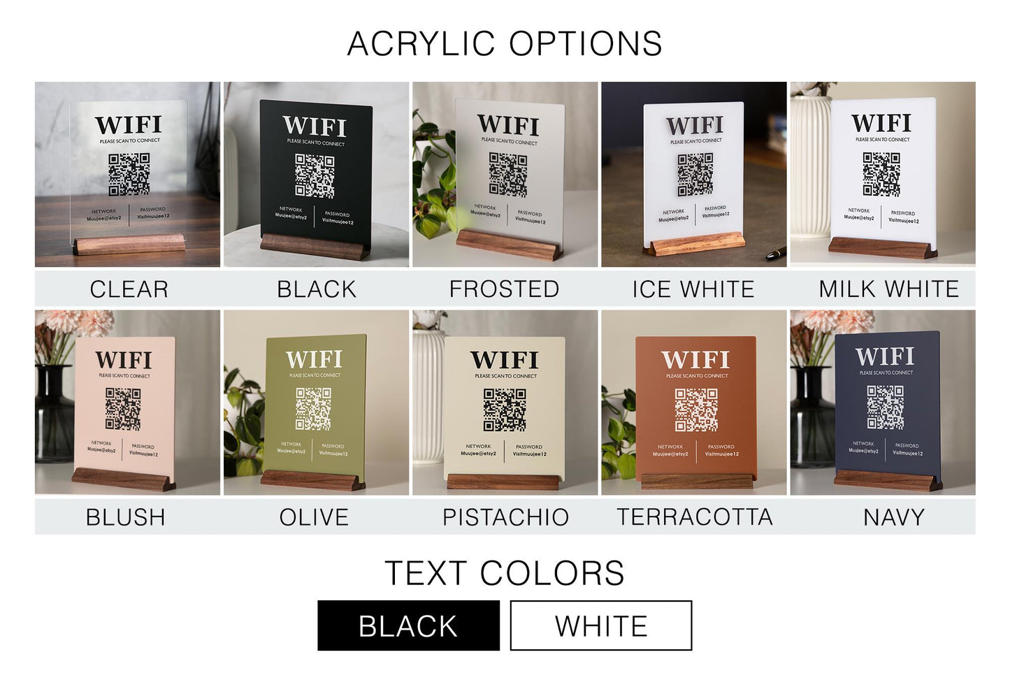 QR Code Wifi Acrylic Sign w/ Wood Base - 6x7.75" Table Sign for Home & Airbnb Rental, Sign for Small Business Office Signage, Salon Spa Wifi