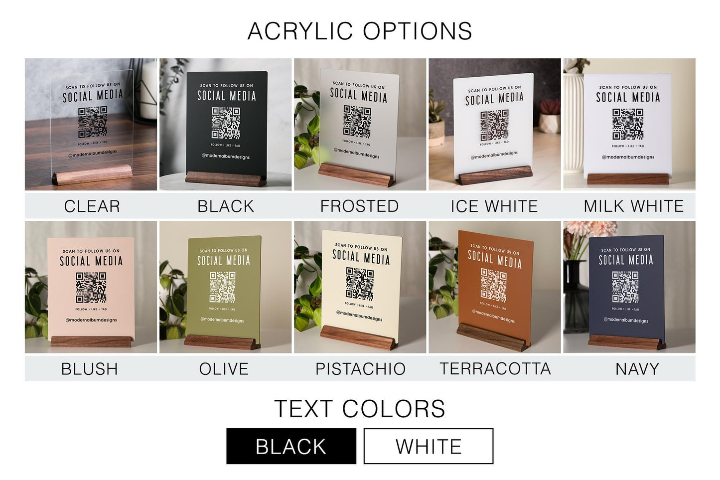 QR Code Social Media Sign w/ Wood Stand - Scannable Office Table Desk Signage, Social Media for Small Business, Salon Restaurant Bar Signs