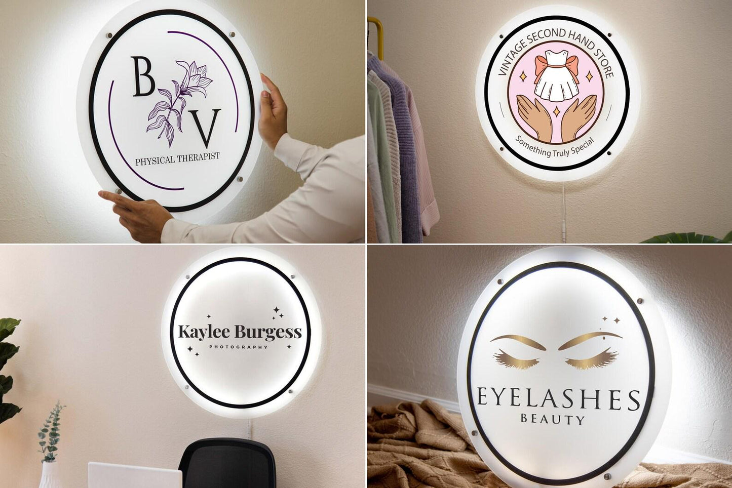 LED Round Sign with 4 Holes - Custom Backlit Acrylic Sign, Acrylic Logo Sign, LED Business Sign, Lighted Logo Sign, Beauty Salon Spa Sign