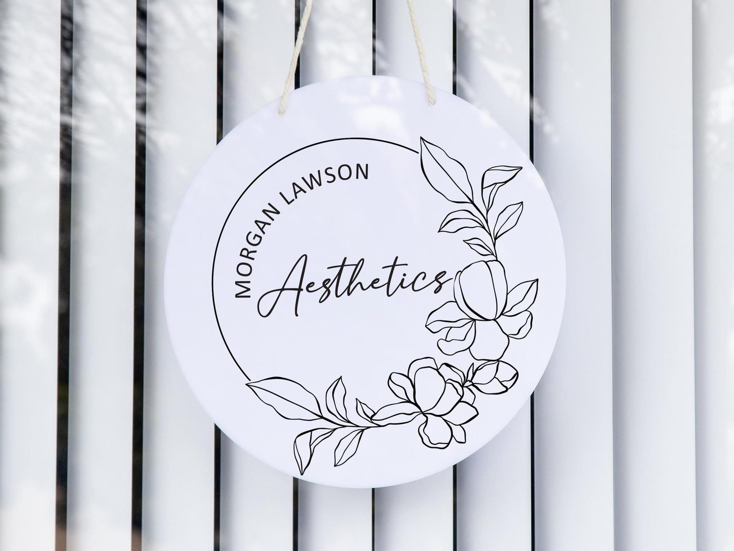 Round Hanging Acrylic Sign (Logo) w/ White Rope - Custom window signage for office rental door small business beauty salon spa artist plaque