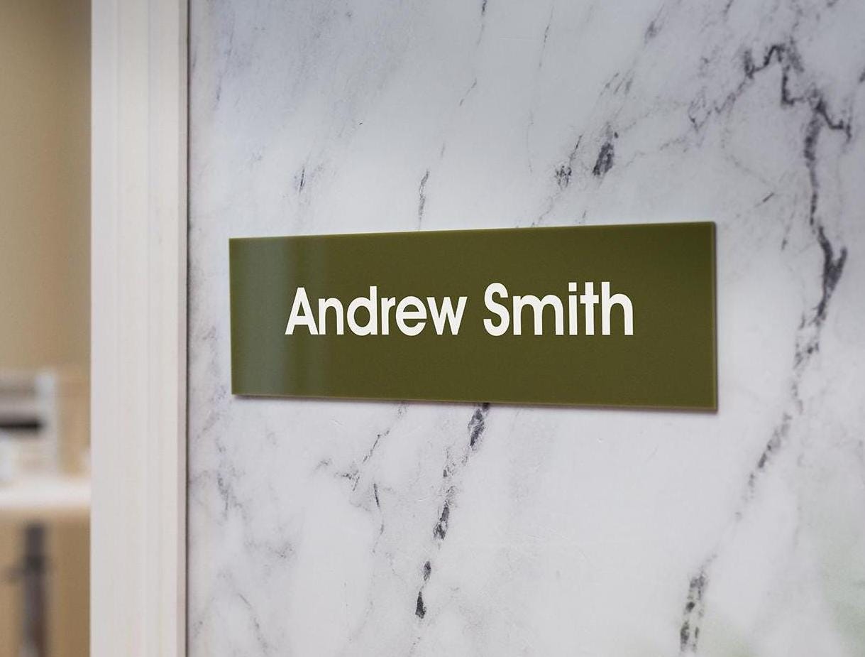 Wall Sign Name Plate (No Hole) - 2 Sizes Personalized Stick on Executive CEO Sign, New Job Business Decor, Staff Employee Teacher Boss Gift