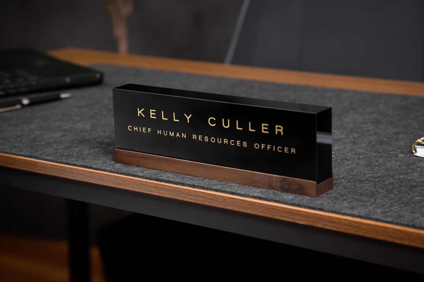Personalized Foil Acrylic Name Block (Black) w/ Optional Wood Base - Minimal Executive Desk CEO Sign, Job Office Teacher or Promotion Gift
