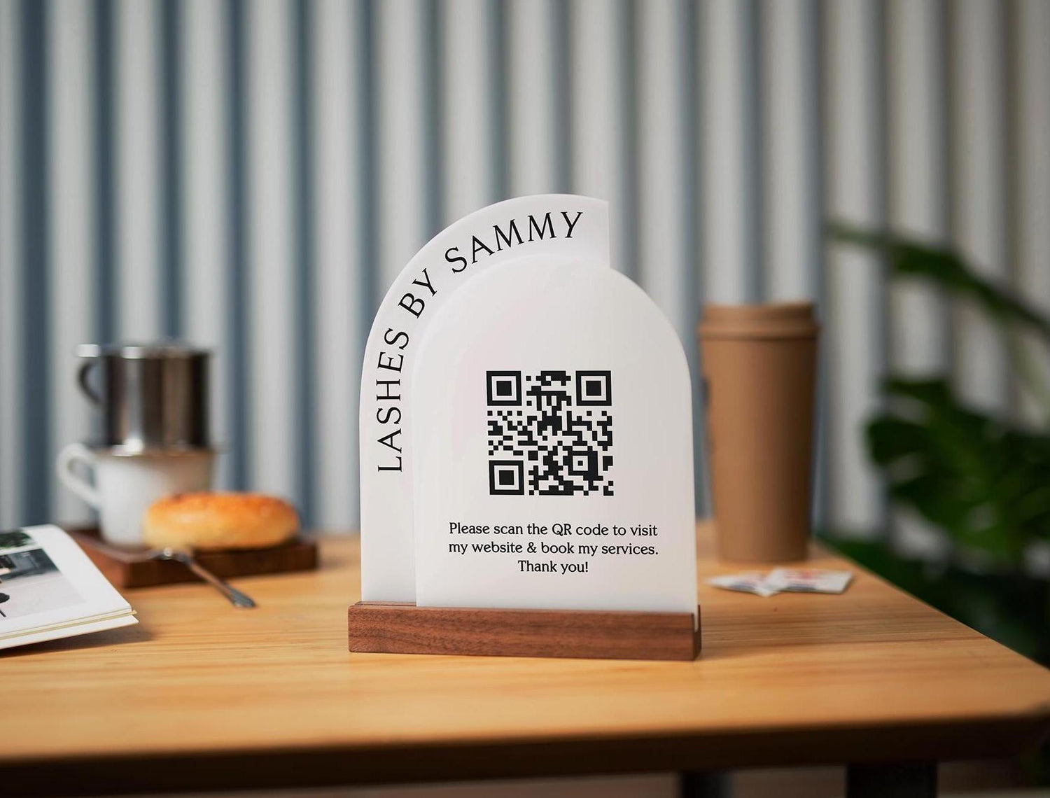 Full Arch Double Acrylic Sign w/ Walnut Base (QR Code D1) - Scannable Scan to Pay Signage, Business Website Social Media Venmo Craft Shows