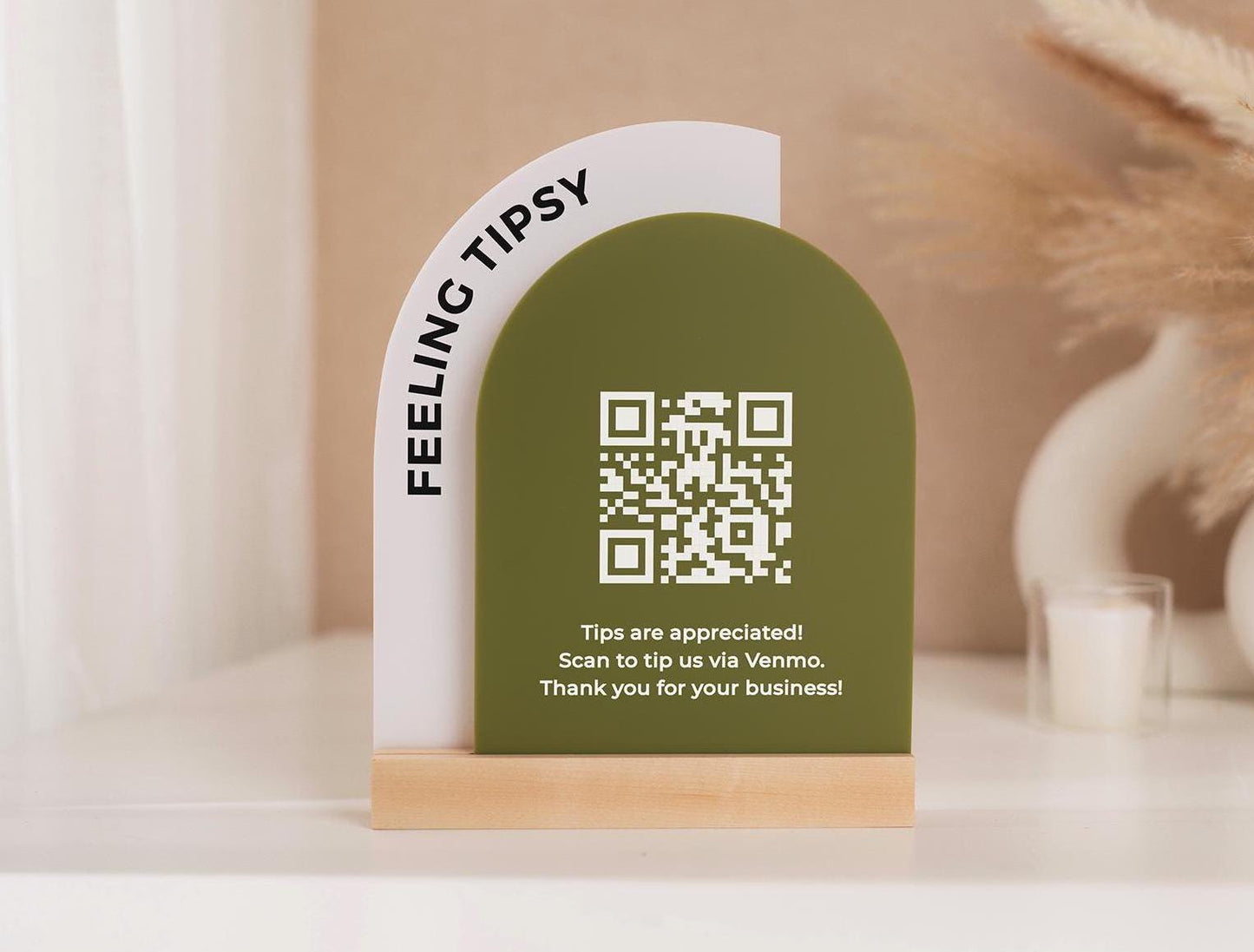 Full Arch Double Acrylic Sign w/ Maple Base (QR Code D2) - Scannable Scan to Pay Signage, Business Website Social Media Venmo Craft Shows