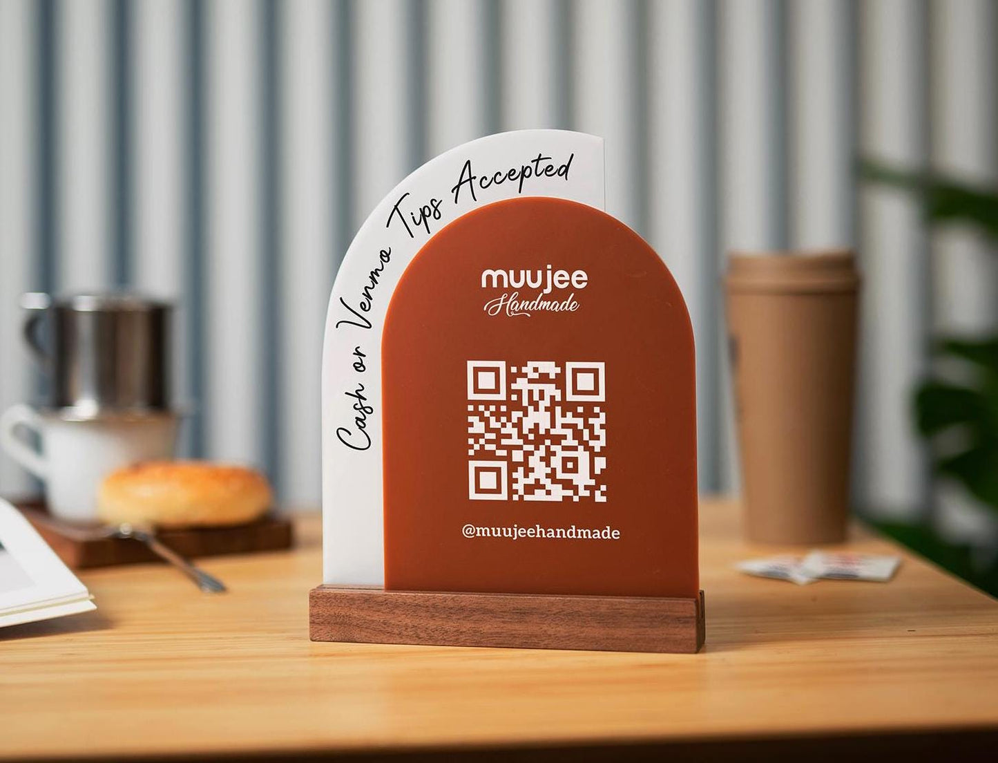 Full Arch Double Acrylic Sign w/ Walnut Base (QR Code D3) - Scannable Scan to Pay Signage, Business Website Social Media Venmo Craft Shows