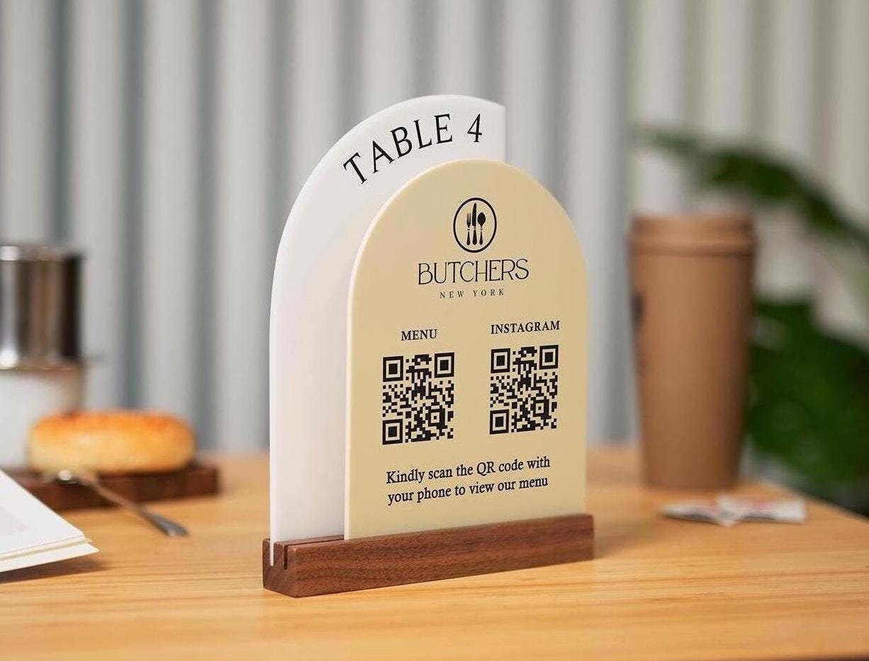 Full Arch Double Acrylic Sign (2 QR Codes w/ Logo) - Scannable Scan to Pay Table Market Signs Business Website Social Media Venmo (Design1)