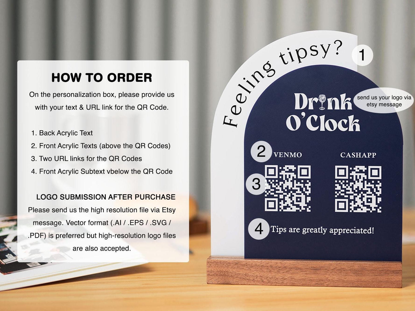 Full Arch Double Acrylic Sign (2 QR Codes w/ Logo) - Scannable Scan to Pay Table Market Signs Business Website Social Media Venmo (Design1)