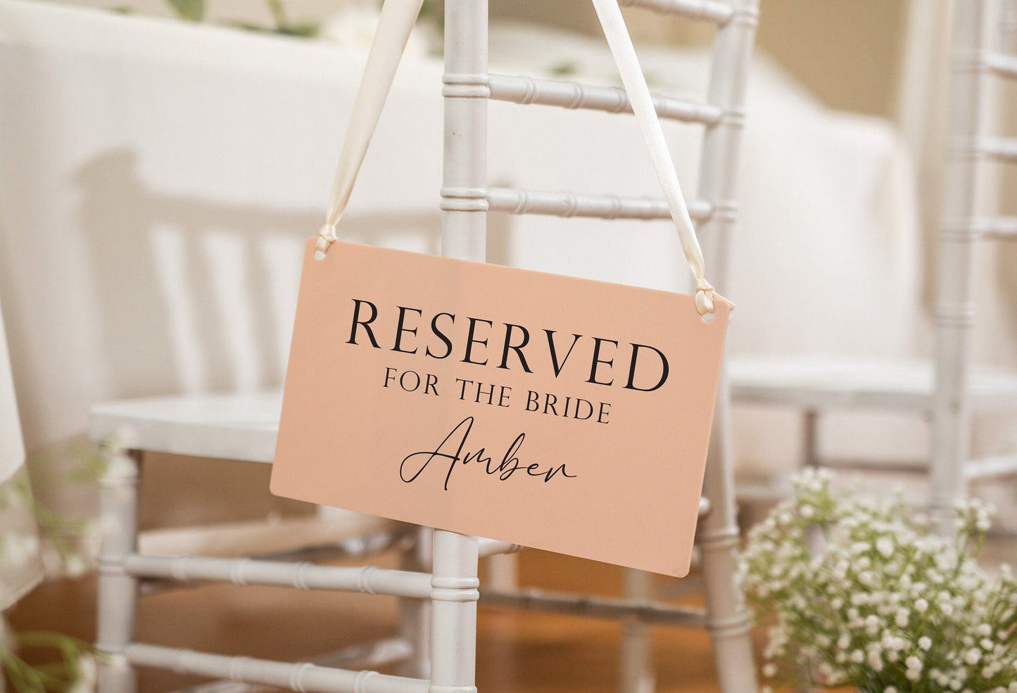Reserved Hanging Acrylic Sign with Ribbon (D5) - 11.5x7" Reserved Seat Sign for the Bride with Name, Wedding Ceremony Reception Chair Sign