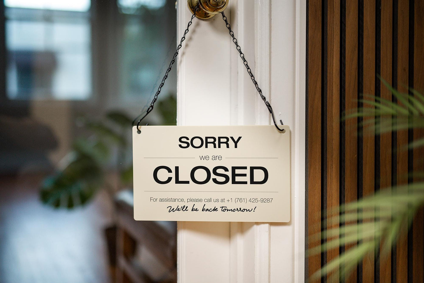 Hanging Acrylic Sign & Black Metal Chain (D6) - 11.5x7" Window Office Home Business Door Wall Signage, Customizable Closed Store Signs