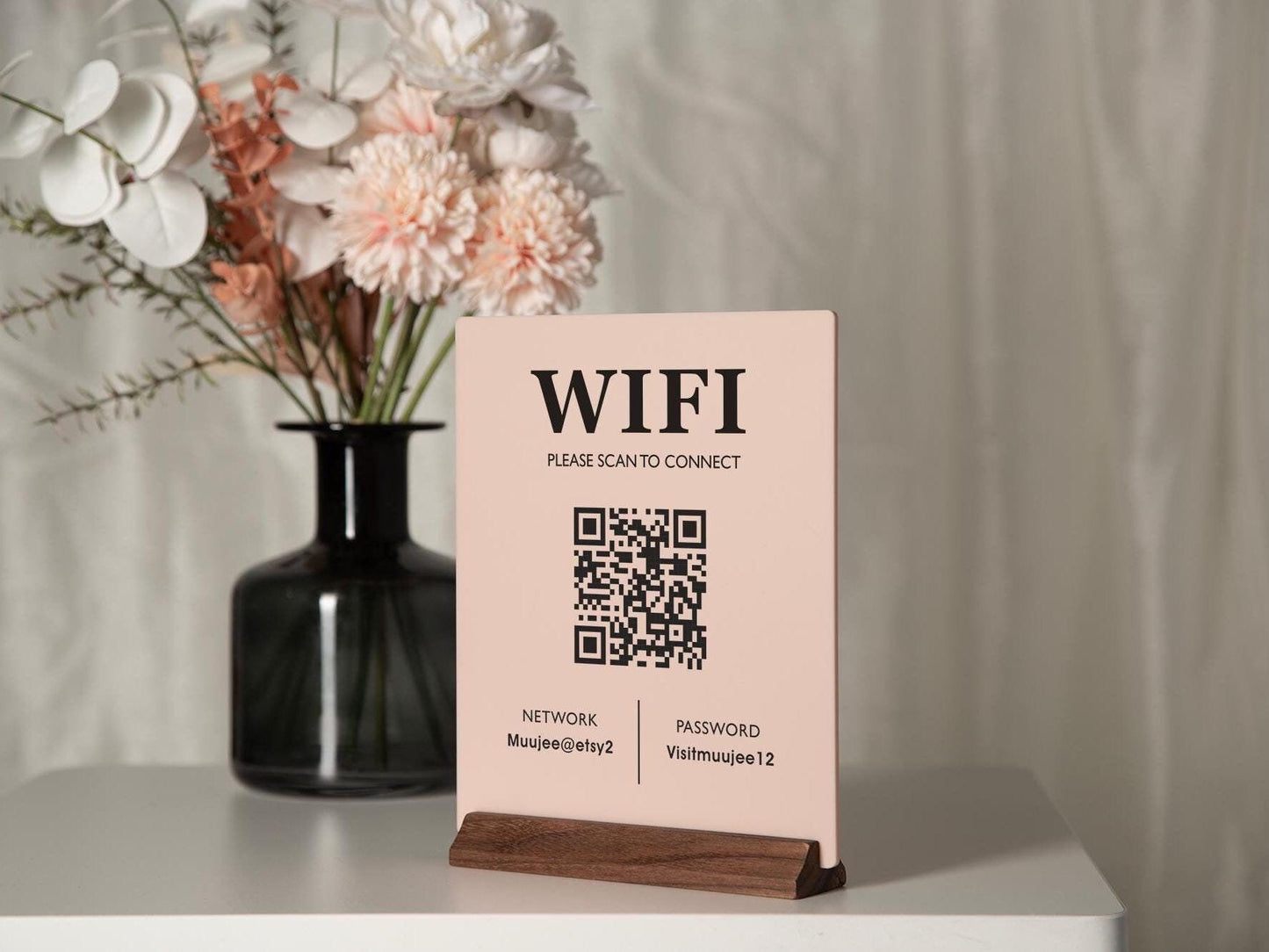 QR Code Wifi Acrylic Sign w/ Wood Base - 6x7.75" Table Sign for Home & Airbnb Rental, Sign for Small Business Office Signage, Salon Spa Wifi