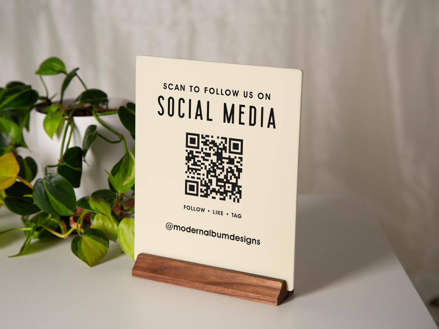 QR Code Social Media Sign w/ Wood Stand - Scannable Office Table Desk Signage, Social Media for Small Business, Salon Restaurant Bar Signs