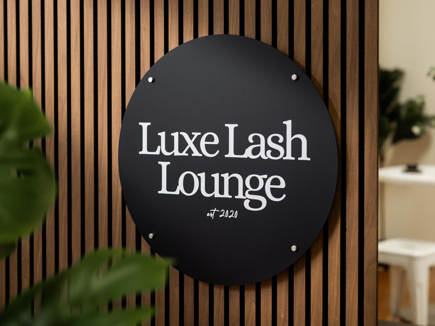 Black Round Wall Sign With 4 Holes - Custom Small Business Logo Sign for Beauty Salon Owners, Hair Nail Stylist Makeup Massage Skincare