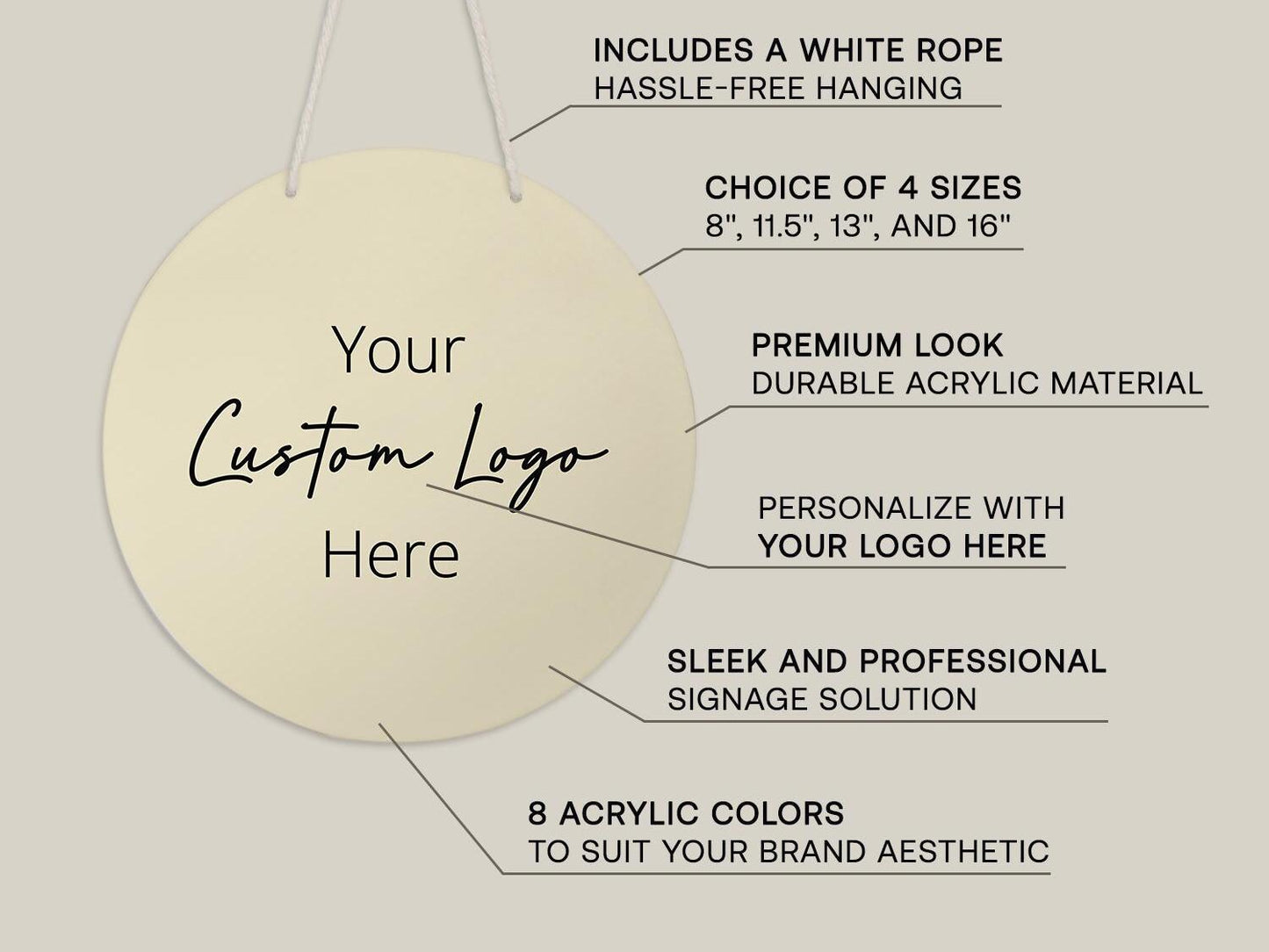 Round Hanging Acrylic Sign (Logo) w/ White Rope - Custom window signage for office rental door small business beauty salon spa artist plaque
