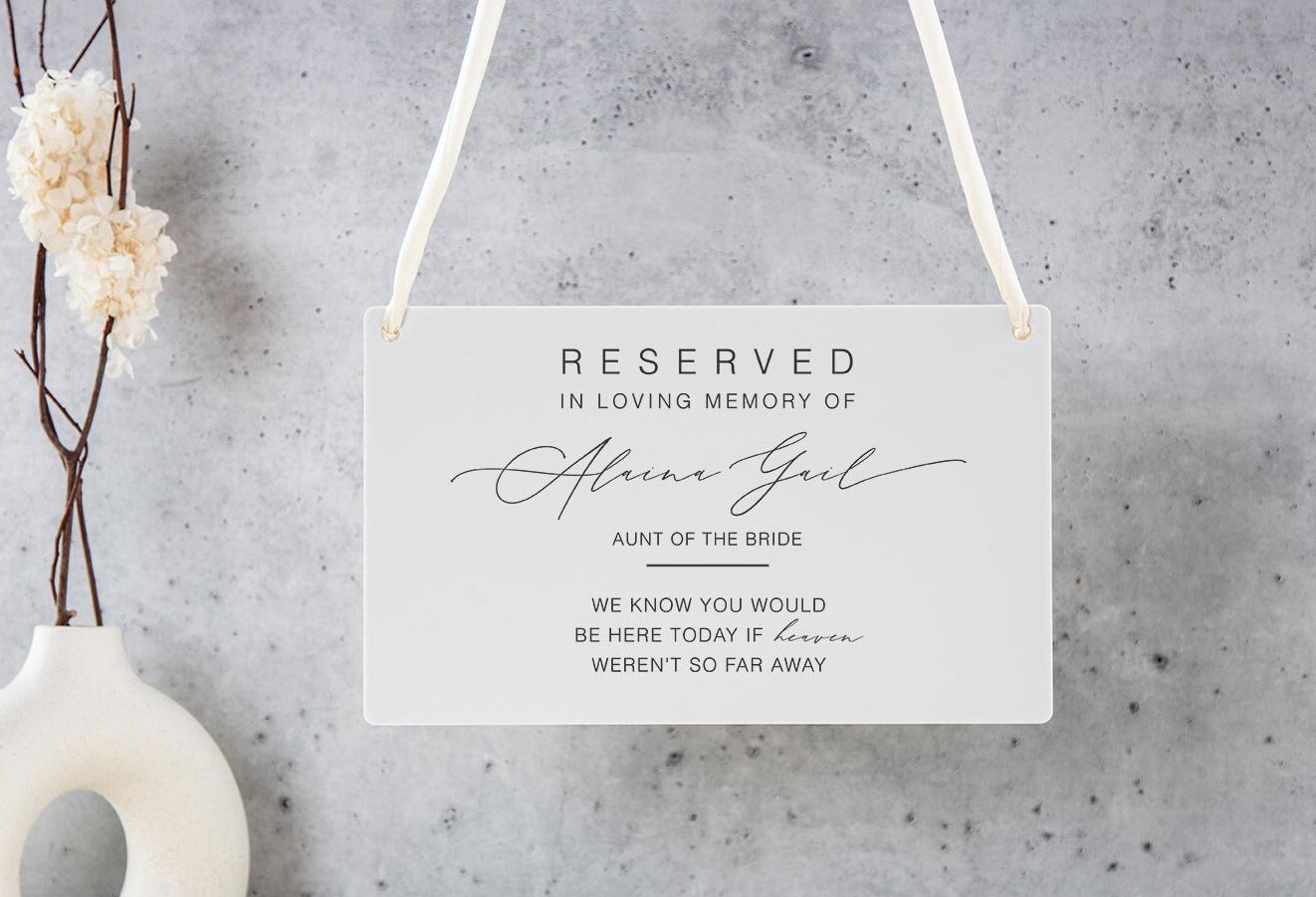 Reserved Hanging Acrylic Sign with Ribbon - Black or Frosted 11.5x7" Sign, In Loving Memory Sign for Wedding Chair Aisle, Memory Table Sign