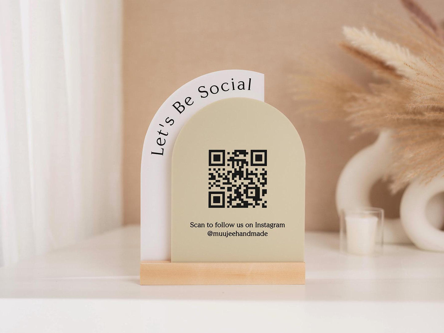 Full Arch Double Acrylic Sign w/ Maple Base (QR Code D1) - Scannable Scan to Pay Signage, Business Website Social Media Venmo Craft Shows