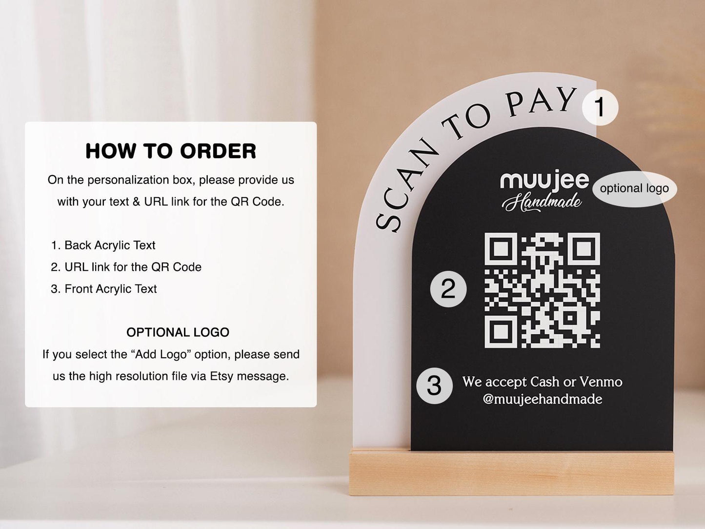 Full Arch Double Acrylic Sign w/ Maple Base (QR Code D1) - Scannable Scan to Pay Signage, Business Website Social Media Venmo Craft Shows