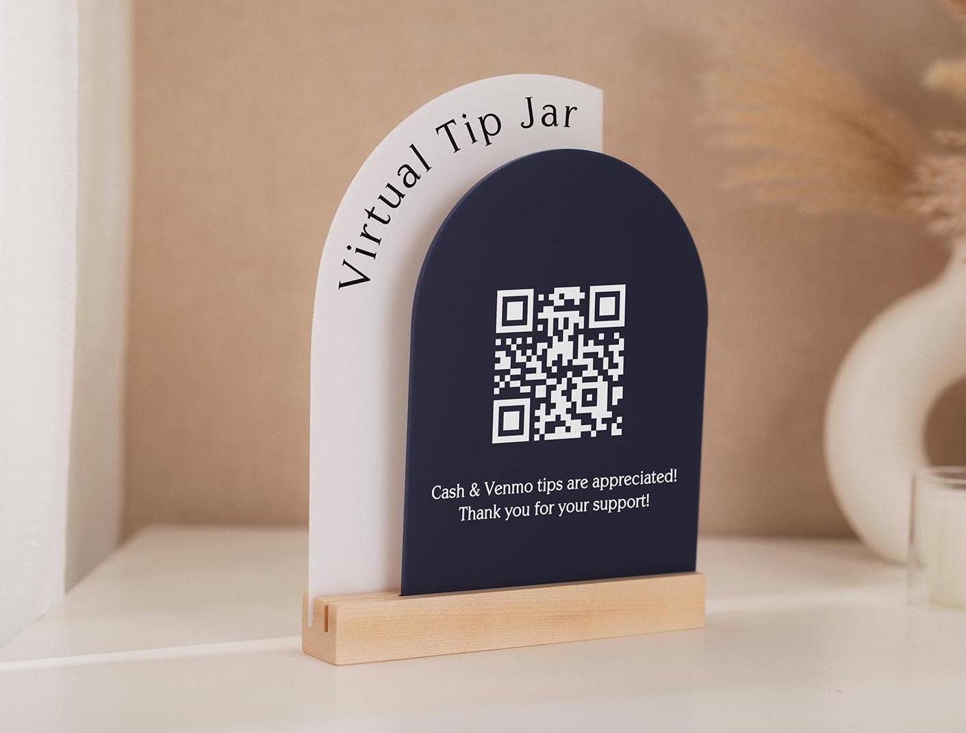 Full Arch Double Acrylic Sign w/ Maple Base (QR Code D1) - Scannable Scan to Pay Signage, Business Website Social Media Venmo Craft Shows