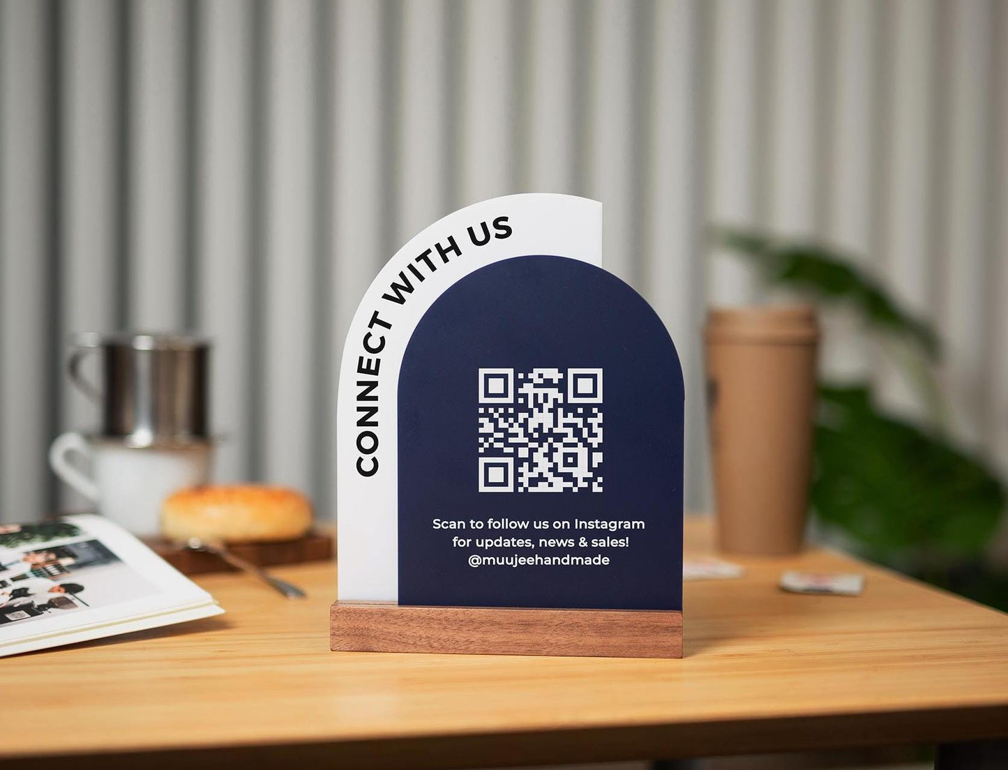 Full Arch Double Acrylic Sign w/ Walnut Base (QR Code D2) - Scannable Scan to Pay Signage, Business Website Social Media Venmo Craft Shows