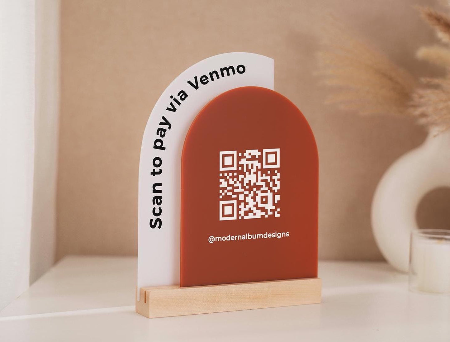 Full Arch Double Acrylic Sign w/ Maple Base (QR Code D2) - Scannable Scan to Pay Signage, Business Website Social Media Venmo Craft Shows