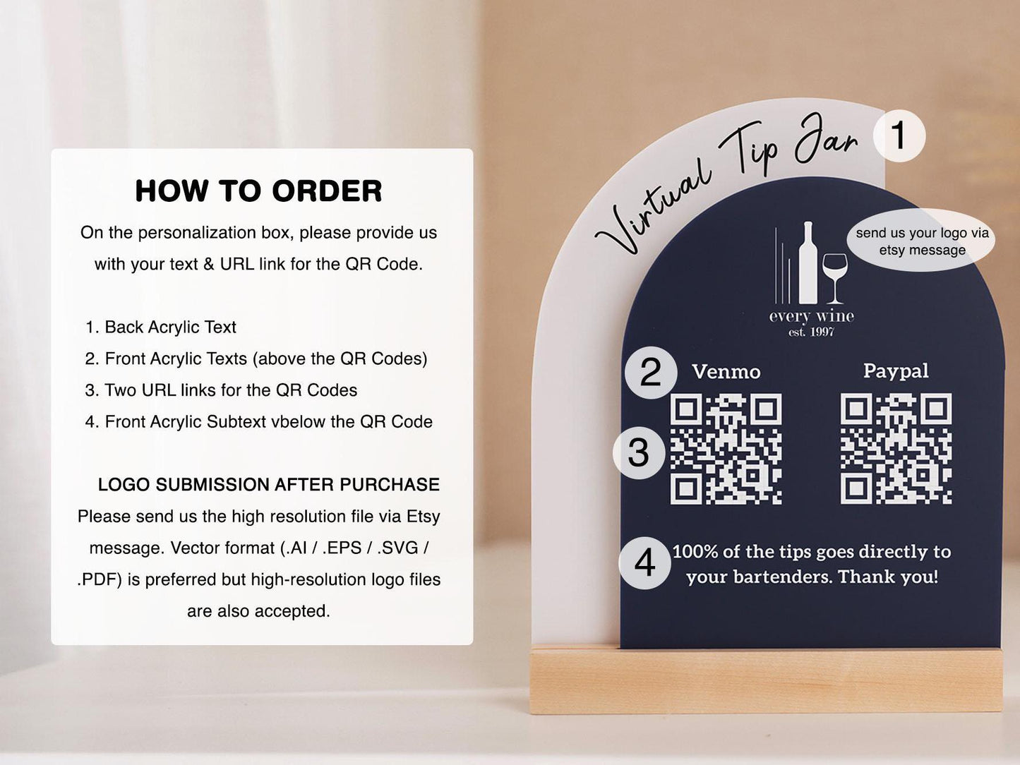 Full Arch Double Acrylic Sign (2 QR Codes w/ Logo) - Scannable Scan to Pay Table Market Signs Business Website Social Media Venmo (Design3)