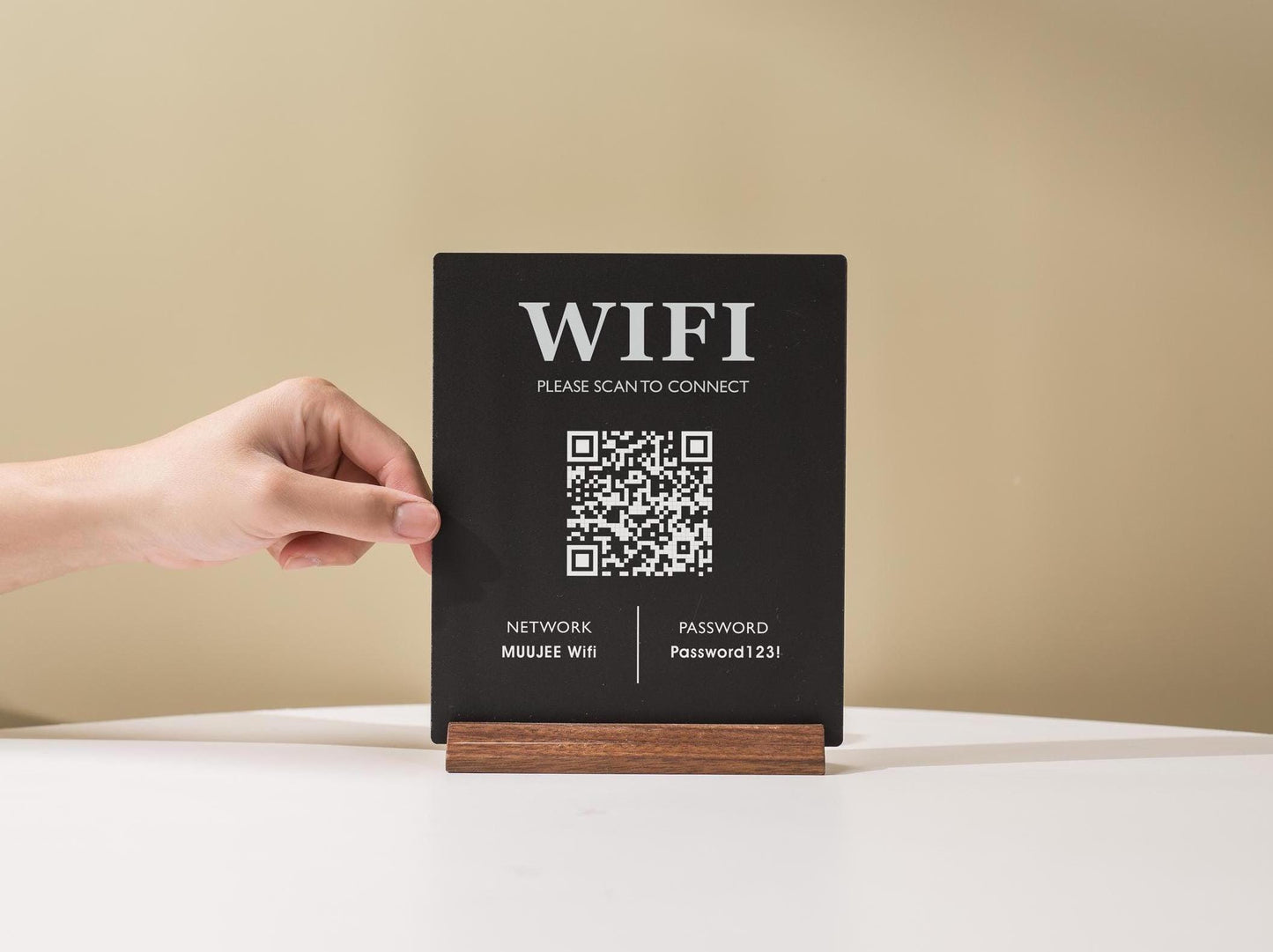 QR Code Wifi Acrylic Sign w/ Wood Base - 6x7.75" Table Sign for Home & Airbnb Rental, Sign for Small Business Office Signage, Salon Spa Wifi