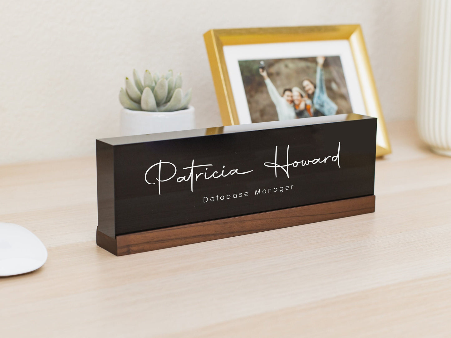 Personalized Acrylic Name Block (D2) - w/ Optional Wooden Base, Minimal Executive Desk CEO Sign, Job Office Decor Teacher Manager Gift
