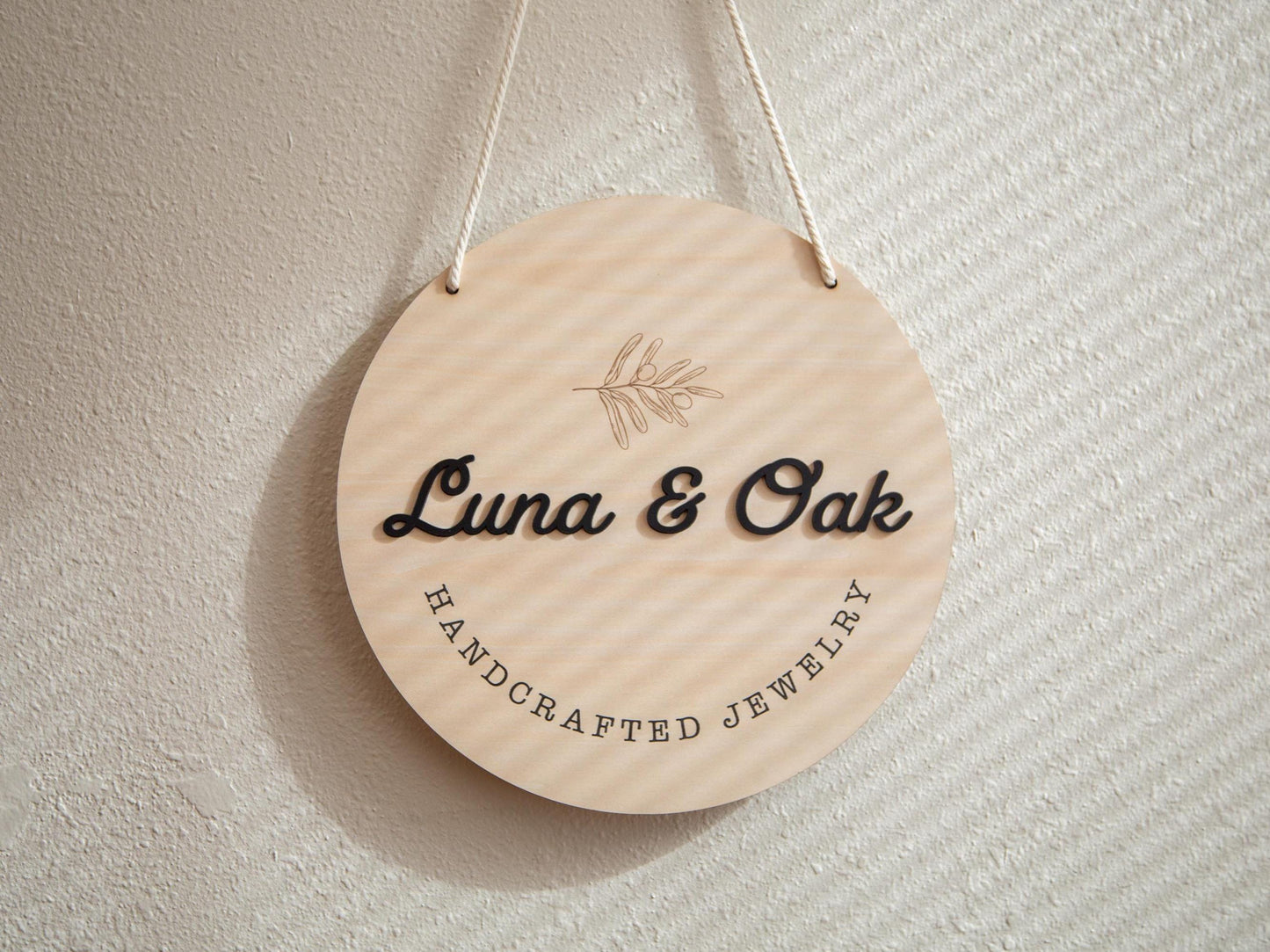 Round Hanging Wooden Sign w/ White Rope - Custom Business Signage, Minimalist Circle Wall Decor, Personalized Booth or Store Display