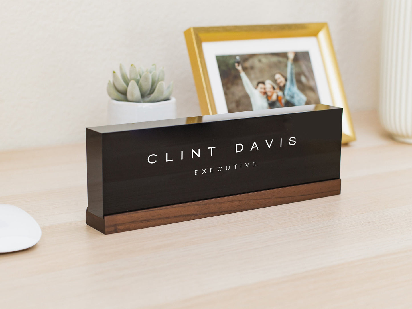 Personalized Acrylic Name Block (D3) - w/ Optional Wooden Base, Minimal Executive Desk CEO Sign, Job Office Decor, Teacher or Promotion Gift