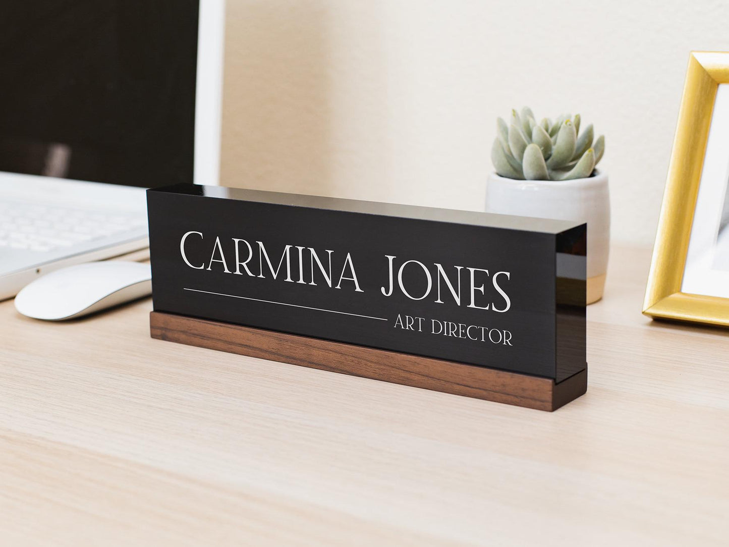 Personalized Acrylic Name Block (D7) - w/ Optional Wooden Base, Executive Desk CEO Sign, Job Office Decor or Promotion Gift