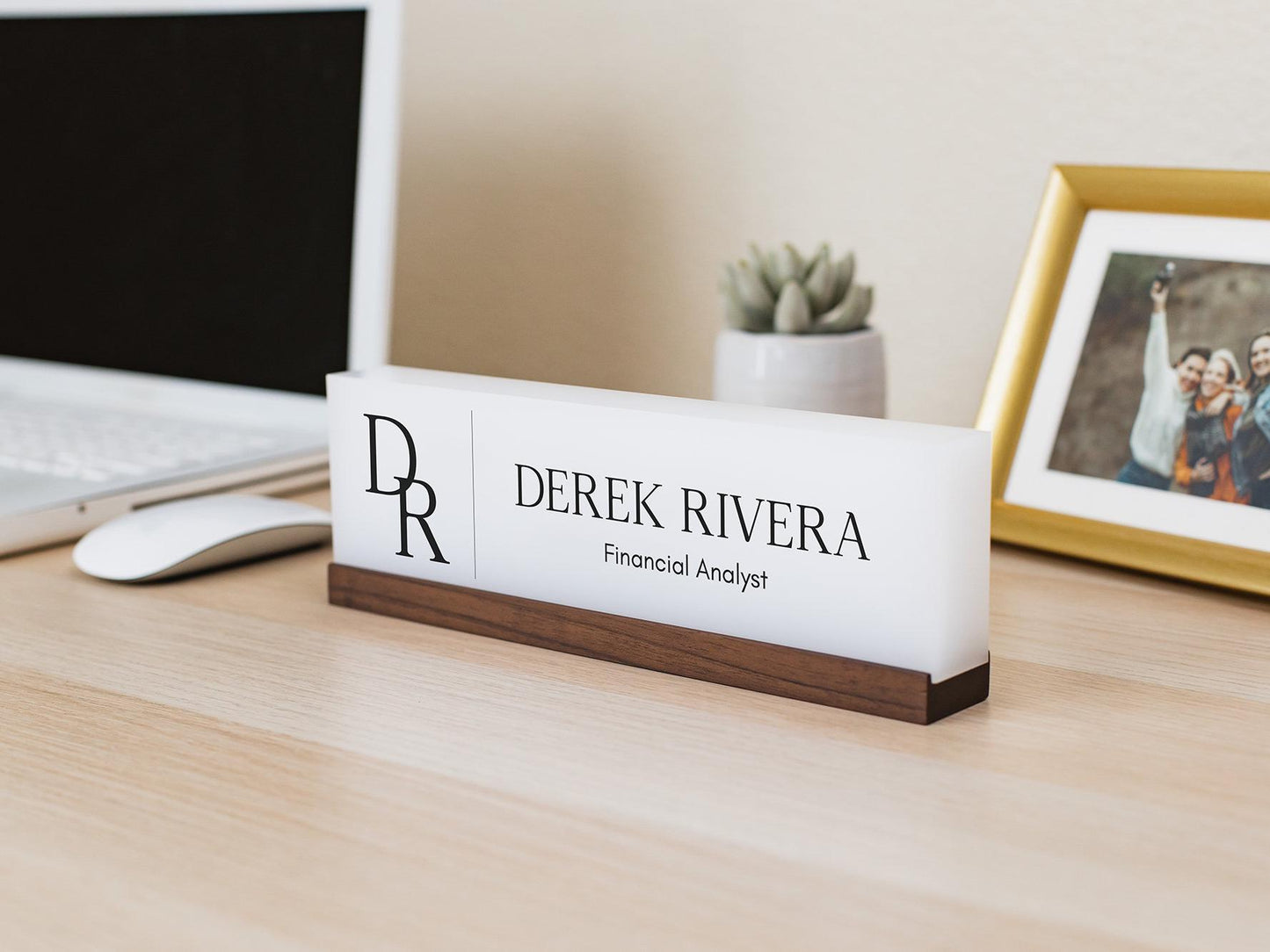 Personalized Acrylic Name Block (D8) - w/ Optional Wooden Base, Initials Monogram Executive Desk CEO Sign, Job Office Decor Promotion Gift