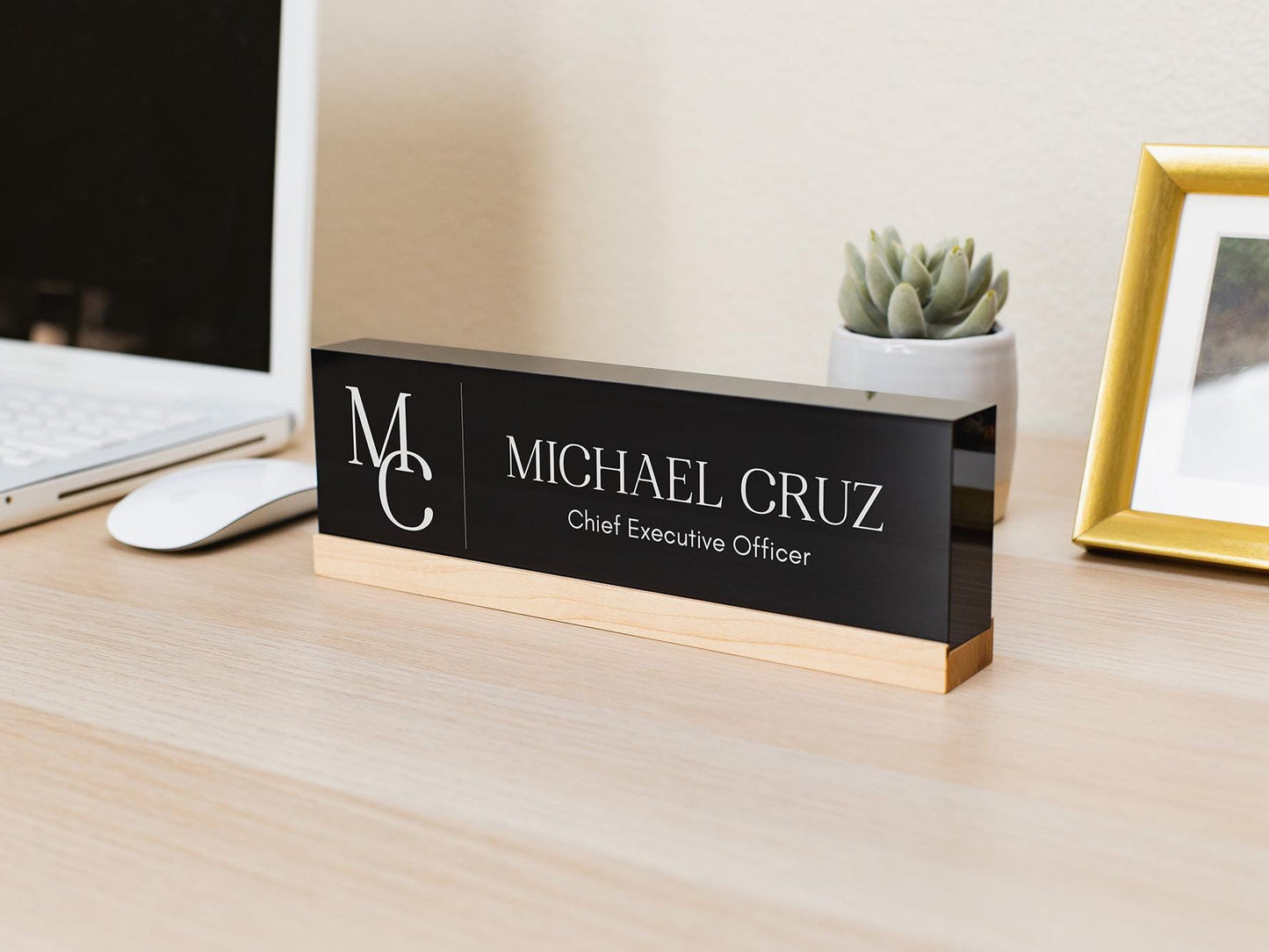 Personalized Acrylic Name Block (D8) - w/ Optional Wooden Base, Initials Monogram Executive Desk CEO Sign, Job Office Decor Promotion Gift