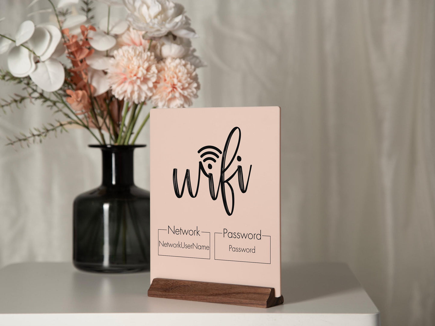 Wifi Password Acrylic Sign w/ Wood Base - 6.5 x 7.75" Standing Table Sign for Home & Airbnb Rental, Small Business Sign