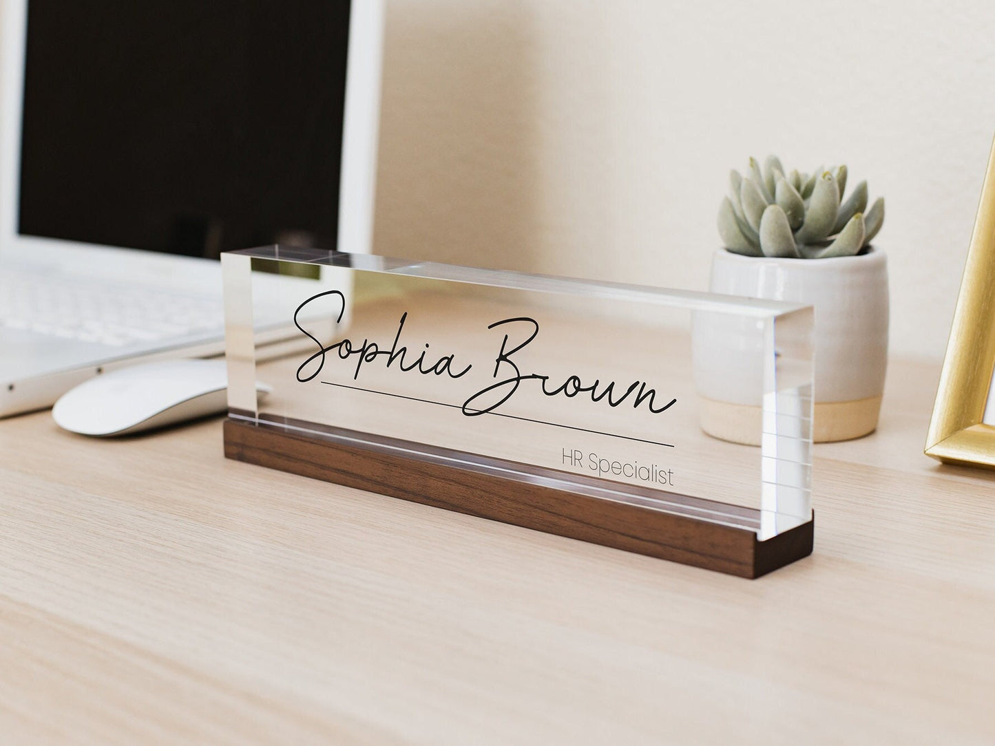 Personalized Acrylic Name Block (D6) - w/ Optional Wooden Base, Executive Desk CEO Sign, Job Office Decor Principal Promotion Gift