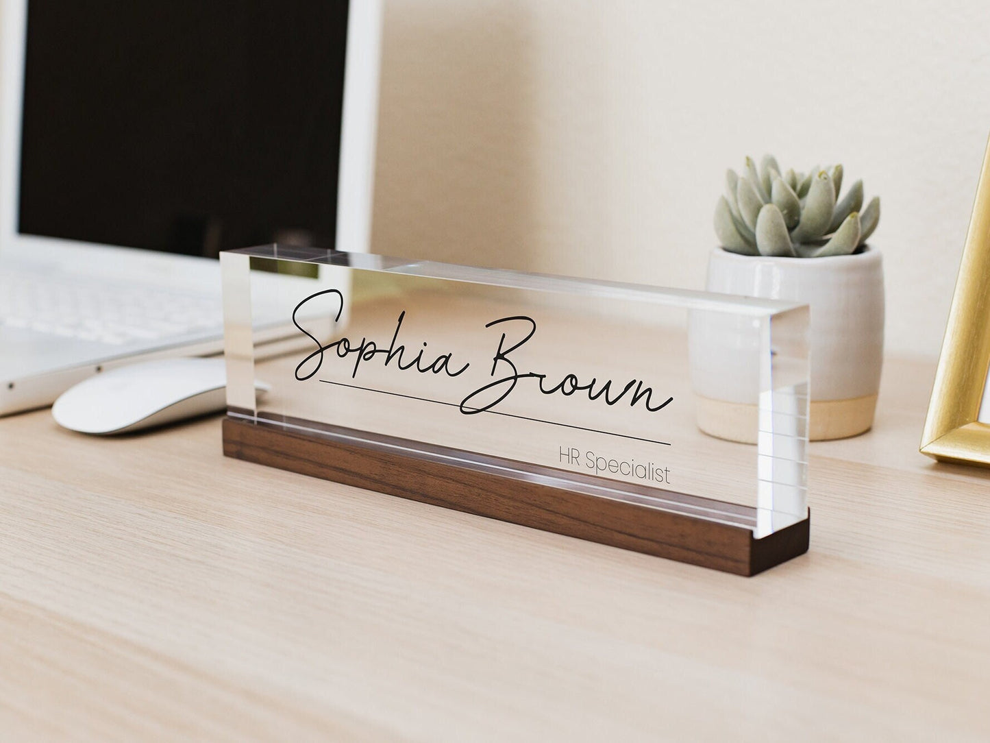 Personalized Acrylic Name Block (D6) - w/ Optional Wooden Base, Executive Desk CEO Sign, Job Office Decor Principal Promotion Gift