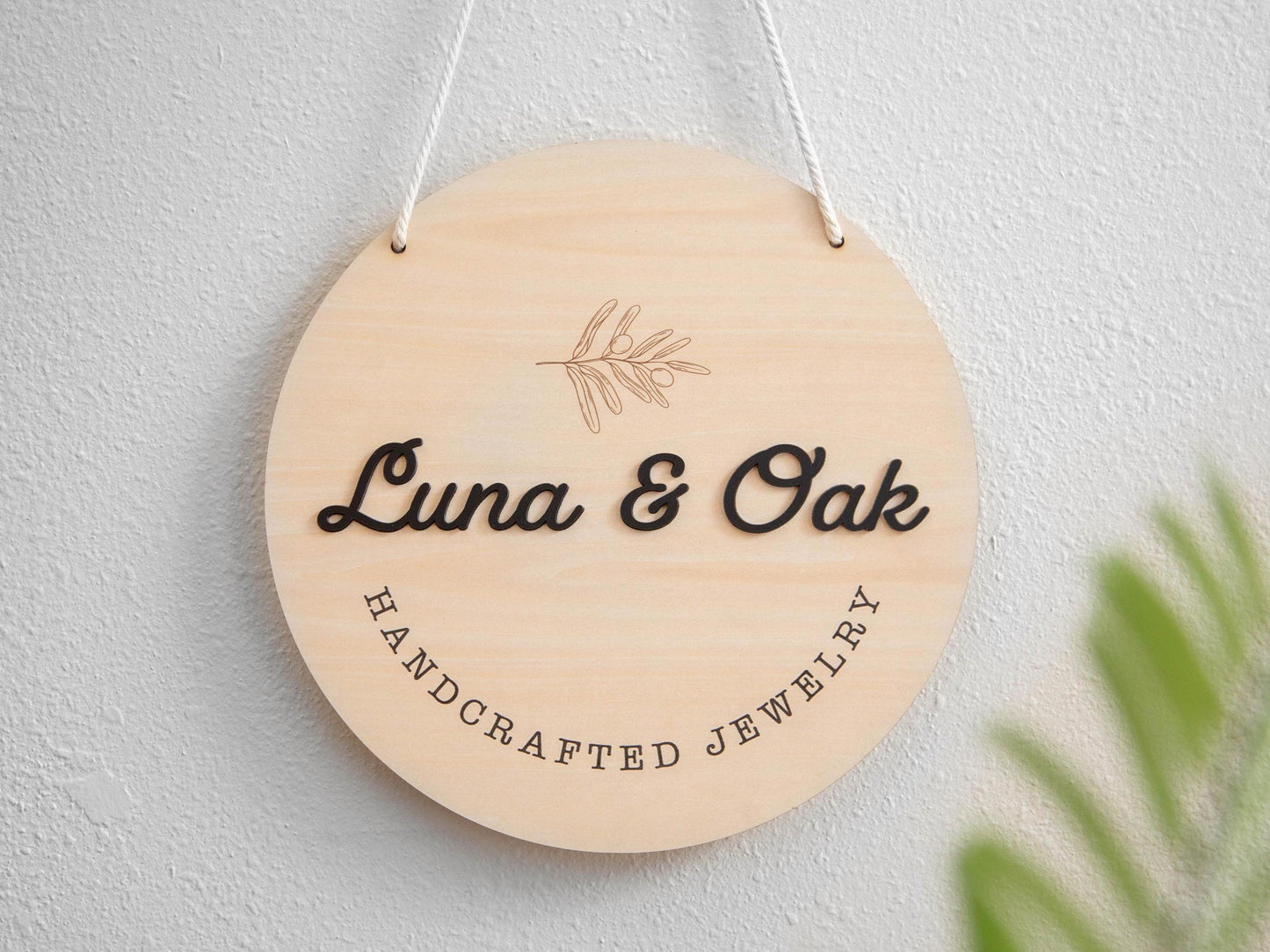 Round Hanging Wooden Sign w/ White Rope - Custom Business Signage, Minimalist Circle Wall Decor, Personalized Booth or Store Display