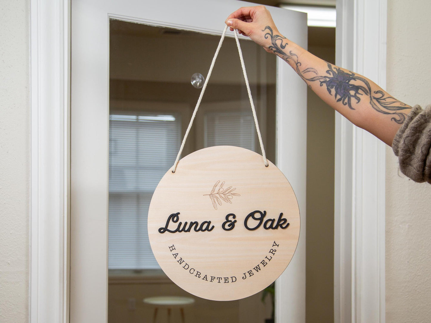 Round Hanging Wooden Sign w/ White Rope - Custom Business Signage, Minimalist Circle Wall Decor, Personalized Booth or Store Display