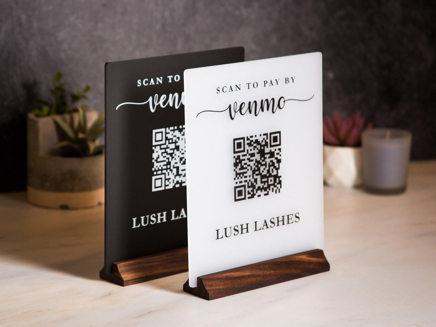 QR Code Scan to Pay w/ Wood Stand - Scannable Acrylic Sign to Pay Venmo Paypal Cashapp Table Sign for Salon Restaurant Bars Small Business