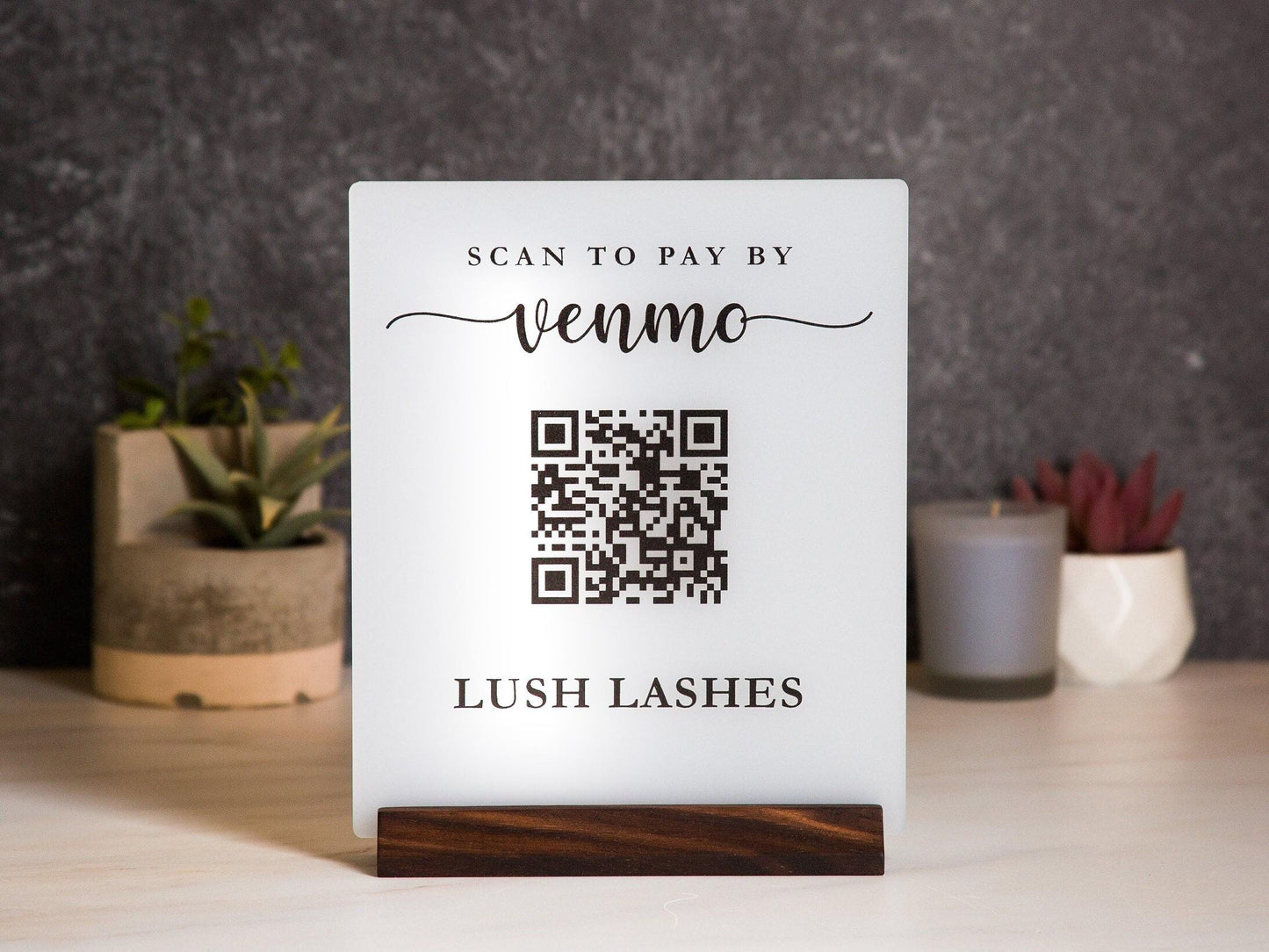 QR Code Scan to Pay w/ Wood Stand - Scannable Acrylic Sign to Pay Venmo Paypal Cashapp Table Sign for Salon Restaurant Bars Small Business