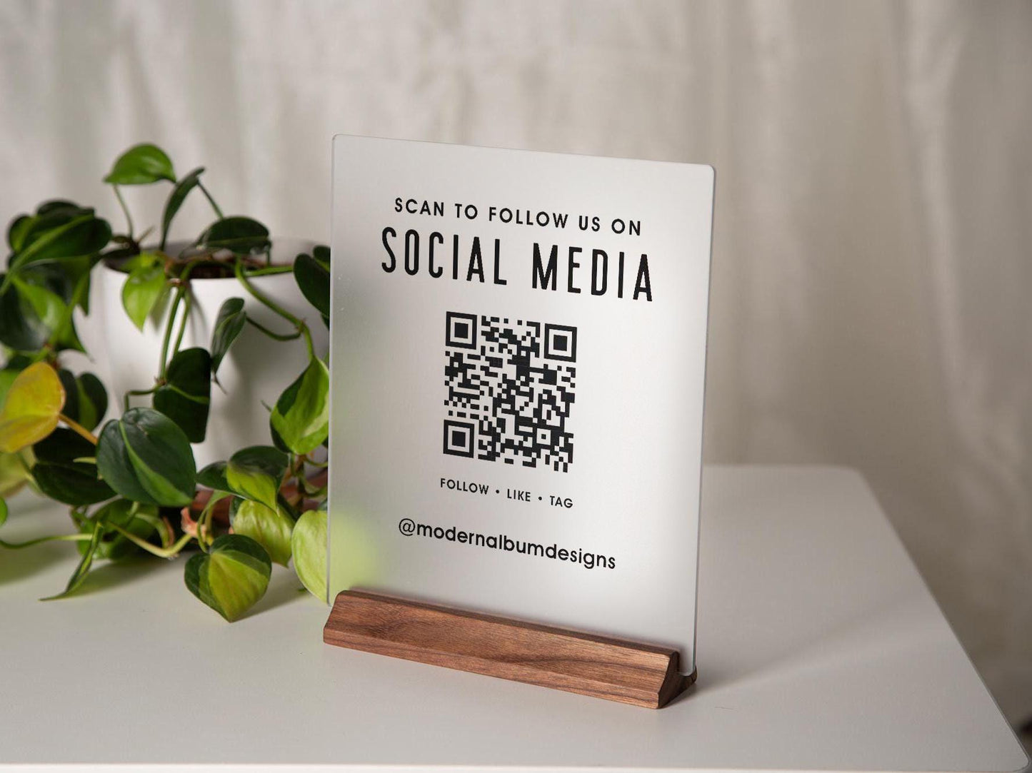 QR Code Social Media Sign w/ Wood Stand - Scannable Office Table Desk Signage, Social Media for Small Business, Salon Restaurant Bar Signs