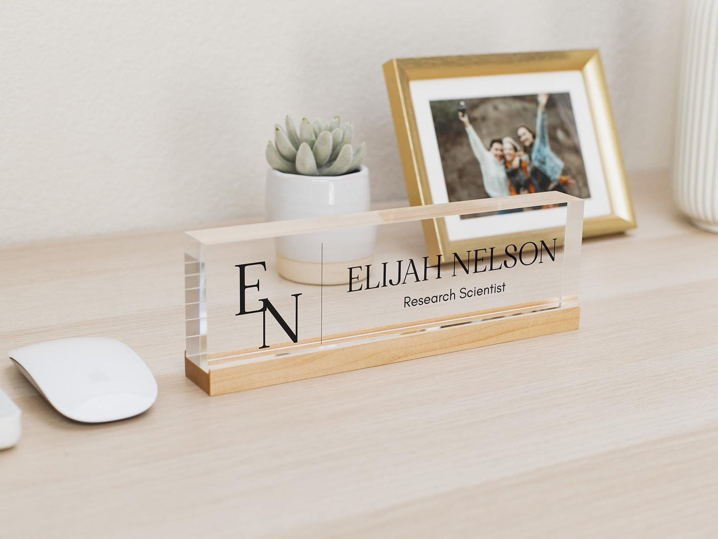 Personalized Acrylic Name Block (D8) - w/ Optional Wooden Base, Initials Monogram Executive Desk CEO Sign, Job Office Decor Promotion Gift