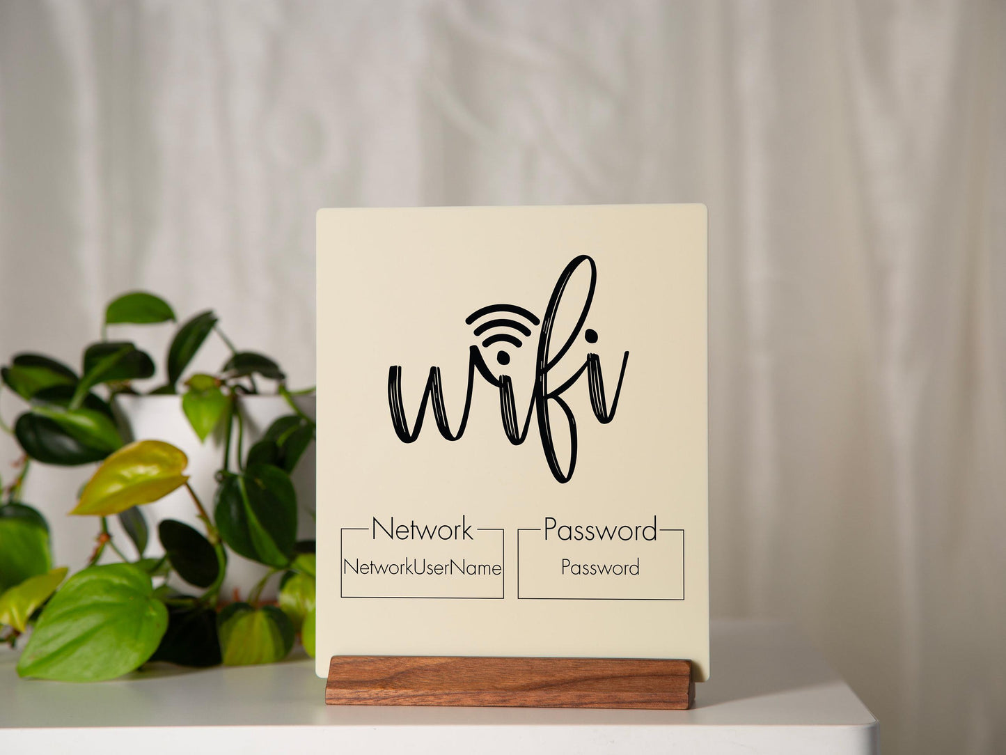 Wifi Password Acrylic Sign w/ Wood Base - 6.5 x 7.75" Standing Table Sign for Home & Airbnb Rental, Small Business Sign