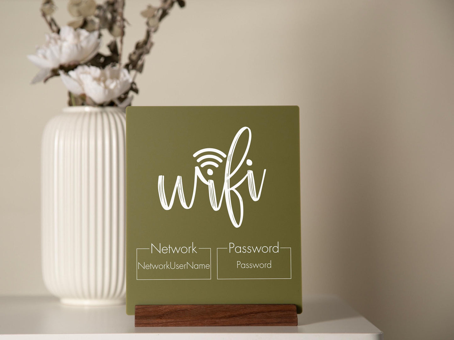 Wifi Password Acrylic Sign w/ Wood Base - 6.5 x 7.75" Standing Table Sign for Home & Airbnb Rental, Small Business Sign