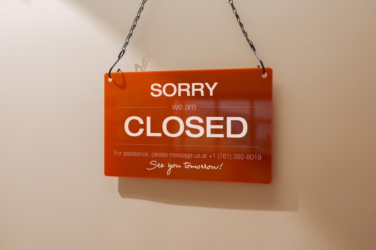 Hanging Acrylic Sign & Black Metal Chain (D6) - 11.5x7" Window Office Home Business Door Wall Signage, Customizable Closed Store Signs